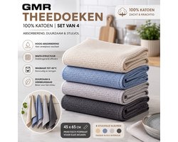 GMR Theedoeken 100% Katoen – Set van 4 Keukendoeken 45x65 cm – Absorberende Wafeldoeken – Sneldrogend, Wasbaar en Herbruikbaar – Voor Vaat, Glazen, Servies en Handen – 4 Stijlvolle Kleuren