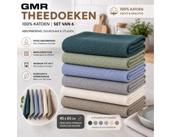 GMR Theedoeken 100% Katoen – Set van 6 Keukendoeken 45x65 cm – Absorberende Wafeldoeken – Sneldrogend, Wasbaar en Herbruikbaar – Voor Vaat, Glazen, Servies en Handen – 6 Stijlvolle Kleuren – Keukenlinnen voor Dagelijks Gebruik, Huishouden en Cadeau