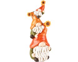 Gnomen trio met zonnebloemen oranje/groen Terracotta 32 cm hoog - tuinbeeld - decoratiefiguur - interieur - accessoire - voor binnen en buiten - herfstcollectie - geschenk - cadeau - gift - verjaardag