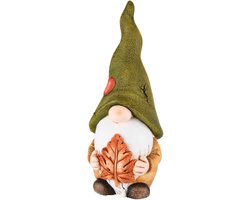 Gnoom Herfst met blaadje magnesium 40 cm hoog - beeld - tuinbeeld - hoogkwalitatieve kunststof - decoratiefiguur - interieur - accessoire - voor binnen en buiten - herfstcollectie - geschenk - cadeau - gift - verjaardag