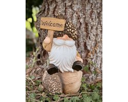 Gnoom Herfst op eikel 'Welcome' magnesium 39 cm hoog - tuinbeeld - hoogkwalitatieve kunststof - decoratiefiguur - interieur - accessoire - voor binnen en buiten - herfstcollectie - geschenk - cadeau - gift - verjaardag