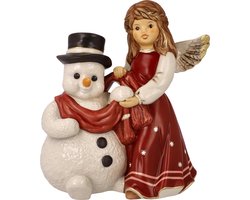 Goebel - Kerst | Decoratief beeld Sneeuwpop met Engel Gezellige winteravond rood | Aardewerk - 14cm
