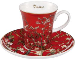 Goebel - Vincent van Gogh | Kop en schotel Espresso Amandelboom rood | Porselein - 12cm - 100ml - met echt goud