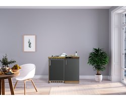 Goedkope keuken 100  cm - mini keuken met apparatuur Levin - Eiken/Grijs - elektrische kookplaat  - koelkast          - kleine keuken - compacte keuken - keukenblok met apparatuur