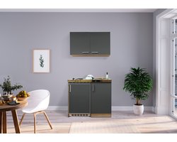 Goedkope keuken 100  cm - mini keuken met apparatuur Levin - Eiken/Grijs - elektrische kookplaat  - koelkast          - kleine keuken - compacte keuken - keukenblok met apparatuur