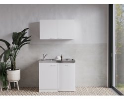 Goedkope keuken 100  cm - mini keuken met apparatuur Levin - Wit/Wit - elektrische kookplaat  - koelkast          - kleine keuken - compacte keuken - keukenblok met apparatuur