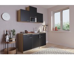 Goedkope keuken 150  cm - complete kleine keuken met apparatuur Luis - Eiken/Zwart - elektrische kookplaat  - koelkast        - magnetron - mini keuken - compacte keuken - keukenblok met apparatuur