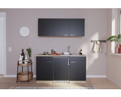 Goedkope keuken 150  cm - complete kleine keuken met apparatuur Luis - Eiken/Zwart - elektrische kookplaat  - koelkast          - mini keuken - compacte keuken - keukenblok met apparatuur