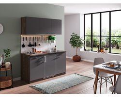 Goedkope keuken 150 cm - complete kleine keuken met apparatuur Oliver - Donker eiken/Grijs - elektrische kookplaat - koelkast - mini keuken - compacte keuken - keukenblok met apparatuur