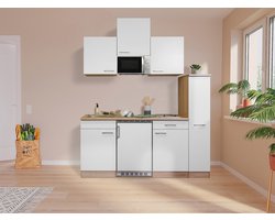 Goedkope keuken 180  cm - complete kleine keuken met apparatuur Luis - Eiken/Wit - keramische kookplaat  - koelkast        - magnetron - mini keuken - compacte keuken - keukenblok met apparatuur