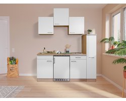 Goedkope keuken 180 cm - complete kleine keuken met apparatuur Luis - Eiken/Wit - keramische kookplaat - koelkast - mini keuken - compacte keuken - keukenblok met apparatuur