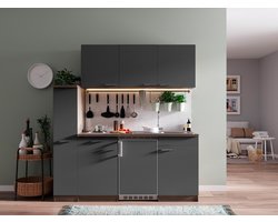 Goedkope keuken 180  cm - complete kleine keuken met apparatuur Oliver - Donker eiken/Grijs - elektrische kookplaat  - koelkast          - mini keuken - compacte keuken - keukenblok met apparatuur