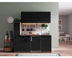 Goedkope keuken 180  cm - complete kleine keuken met apparatuur Oliver - Donker eiken/Zwart - elektrische kookplaat  - koelkast          - mini keuken - compacte keuken - keukenblok met apparatuur