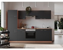 Goedkope keuken 270  cm - complete keuken met apparatuur Gerda  - Beuken/Grijs   - elektrische kookplaat    - afzuigkap - oven    - spoelbak