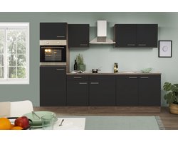 Goedkope keuken 270 cm - complete keuken met apparatuur Oliver - Donker eiken/Zwart - keramische kookplaat - afzuigkap - oven - spoelbak