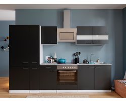 Goedkope keuken 300  cm - complete keuken met apparatuur Malia  - Wit/Zwart - soft close - keramische kookplaat    - afzuigkap - oven    - spoelbak