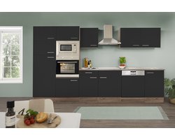 Goedkope keuken 340  cm - complete keuken met apparatuur Oliver  - Donker eiken/Zwart   - keramische kookplaat - vaatwasser - afzuigkap - oven - magnetron  - spoelbak