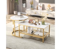 Goedkope salontafel set 2-delig – Marmerlook wit met goud frame – Praktische koffietafel met opbergruimte