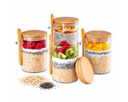 GoGoodies® Overnight Oats Potjes - Glazen Potjes Met Deksel - 4 Stuks - 500 ml - Incl. Receptenboek - Bamboe