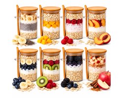 GoGoodies® Overnight Oats Potjes - Glazen Potjes Met Deksel - 8 Stuks - 500 ml - Incl. Receptenboek - Bamboe