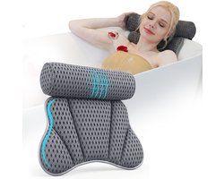 GoGoods® Badkussen - Nekkussen Bad - Met Hoofdsteun - Anti Slip - 6x Zuignappen - Voor in Bad, Jacuzzi en Spa - Grijs