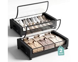 GoGoods® Opbergbox met Deksel 2x - Kleding en Schoenen Opbergsysteem - 36L - Met Wielen - Transparant/Zwart - 80x43x16 cm