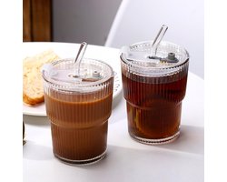 Gohytal Drinkbekers met deksel en rietje, 400 ml, geribbelde glazen bekers, luchtdicht, waterdicht, designglazen, koffiemok, cappuccinokopjes, theeglazen, reismok voor sap, smoothie, water, 2 stuks