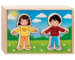 GOKI Aankleedpuzzel - Jongen En Meisje - 13X21X4Cm - 36 Delen - In Houten Kistje