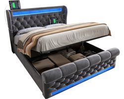 Golaro Bed - Tweepersoonsbed - 140 x 200 cm - Modern Gestoffeerd Bed met USB en Opbergruimte - Grijs - Fluweel - Luxe Bed