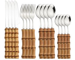 Golaro Bestekset - Serviessets - Bamboe Bestekset 4 Persoons - 16-delig RVS - Duurzaam Cadeau - Vaatwasserbestendig - Zilver