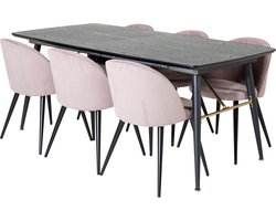 Gold eethoek eetkamertafel uitschuifbare tafel lengte cm 180 / 220 zwart en 6 Velvet eetkamerstal fluweel roze, zwart.