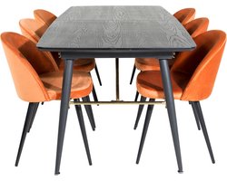 Gold eethoek eetkamertafel uitschuifbare tafel lengte cm 180 / 220 zwart en 6 Velvet eetkamerstal velours oranje, zwart.