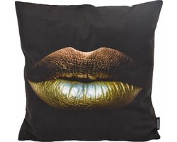 Gold Lips Kussenhoes | Katoen/Polyester | 45 x 45 cm | Zwart / Goud