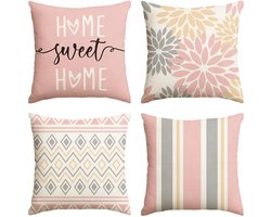 Golden crown - Geometrische Kussenslopen - Set van 4 - Roze Dahlia's - Decoratieve Kussens - 45x45 cm - Voor Woonkamer en Buiten - Elegant Design