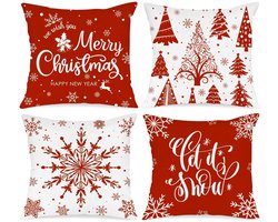 Golden crown - Kerst kussenslopen - Set van 4 - Decoratieve kussens voor binnen en buiten - Rood - Vrolijk kerstfeest - Sneeuwvlok design - Geschikt v