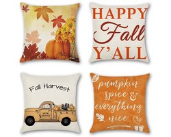 Golden crown - Thanksgiving Kussenhoezen - Herfst Decoratie - Set van 4 - 45 x 45 cm - Katoen Linnen - Geschikt voor Sofa en Auto - Maple Leaf/Pumpkin