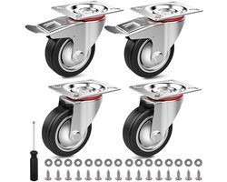 Golden crown - Transportwielen - Zwenkwielen met Rem - 75 mm - Rubberen Wielen - Draagvermogen tot 200 kg - Geschikt voor Meubels - Outdoor Rubberen Wielen