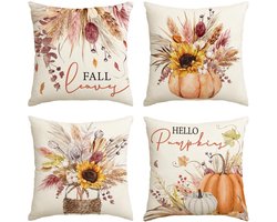 Golden crown - Zonnebloemen - Herfst kussenslopen - Sierkussensloop set - Oranje - Woondecoratie - 4-delige set - Geschikt voor woonkamer