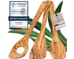 GOLDENBERG® Premium Kooklepel Set - Fijnste Italiaanse Olijfhout - Pannenlikker Made in Germany - 100% Klimaatneutraal - houten Spatel - houten Kookgerei