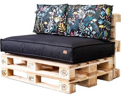 GoldenGroup Garden Cushion Set for Pallet Furniture Black & Poppies - Durable Fabric - Pallet Cushion Set Filled with Foam Granules - Seat Cushion 120x65x15 - Back Cushion 120x40x10