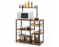 Goliving Keukenkast – Keukenrek Staand – Magnetronkast – Organizer – Metaal – Hout – 90 x 40 x 132 cm – Bruin