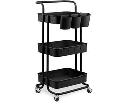 Goliving Keukentrolley op wieltjes - Serveerwagen - Keuken Trolley - Met Haakjes en Bakjes - Verrijdbaar en Vast - 3 Lagen - Zwart
