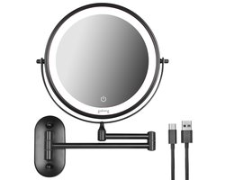 Goliving Make Up Spiegel Met Verlichting - Ø25 cm - 10x Vergroting - Dimbare Make-upspiegel - Scheerspiegel - LED Verlichting - USB-C Oplaadbaar - Dubbelzijdig - 27 x 27 cm - Zwart