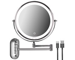 Goliving Make Up Spiegel Met Verlichting - Ø25 cm - 10x Vergroting - Dimbare Make-upspiegel - Scheerspiegel - LED Verlichting - USB-C Oplaadbaar - Dubbelzijdig - 27 x 27 cm - Chroom