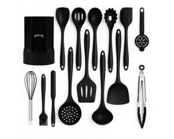 Goliving Spatelset met Houder 15 delig - Siliconen spatels - Keukengerei - Garde, Keukenspatel, Pannenlikker, Bakspaan, Bakkwast, Pastalepel, Schuimspaan - RVS - Hittebestendig - BPA vrij - Anti-aanbak - Zwart