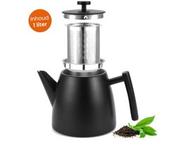 Goliving Theekan met Filter - 1 Liter - Theepot - Dubbelwandig - RVS - Thee Infuser - Mat - Zwart