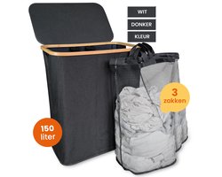 Goliving Wassorteerder 3 Vakken - 150L - Opvouwbare Wasmand Met Deksel - 3 Uitneembare Zakken Met Kleurlabels - 57 x 37 x 66 cm - Zwart