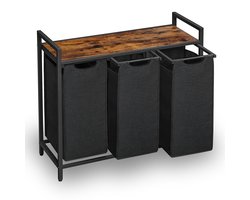 Goliving Wassorteerder – Wasmand met 3 vakken – Wasbox – Oxfort textiel/Metaal/Hout – 3 x 38 Liter – 33 x 92.5 x 71 cm – Bruin/Zwart