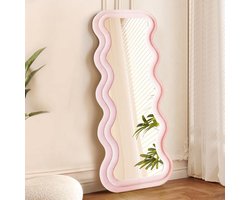 Golvende Spiegel 160x60cm - Lichtroze - Flattop - Passpiegel - Wavy Mirror - Organische - Asymmetrische vorm - Fluweel Frame - Velvet - Onregelmatige vloerspiegel - Ovale Randen - Modern Design, Wandspiegel, Veiligheidsglas - Staande Spiegel