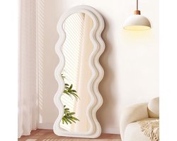 Golvende Spiegel 160x60cm - Wit Creme - Arched Passpiegel - Wavy Mirror - Organische - Asymmetrische vorm - Fluweel Frame - Velvet - Onregelmatige vloerspiegel - Ovale Randen - Modern Design, Wandspiegel, Veiligheidsglas - Staande Spiegel